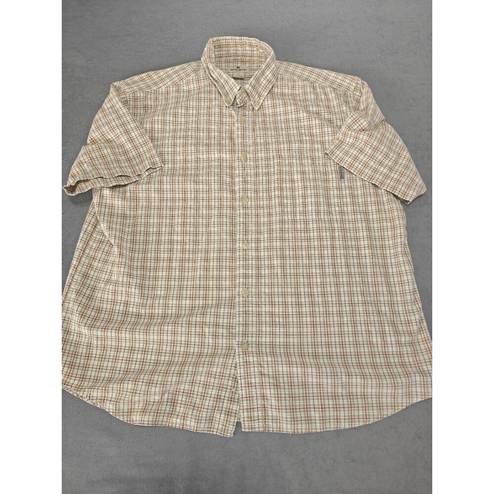 Woolrich Men’s XL Tan Brown Plaid Short Sleeve Button Down Shirt Outdoo